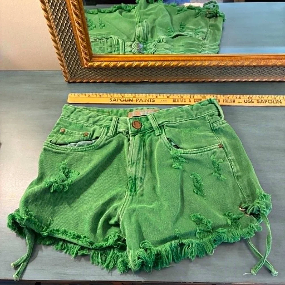 Spezzato Teen Denim Shorts Womens 38 Green Distressed Lace Up Frayed